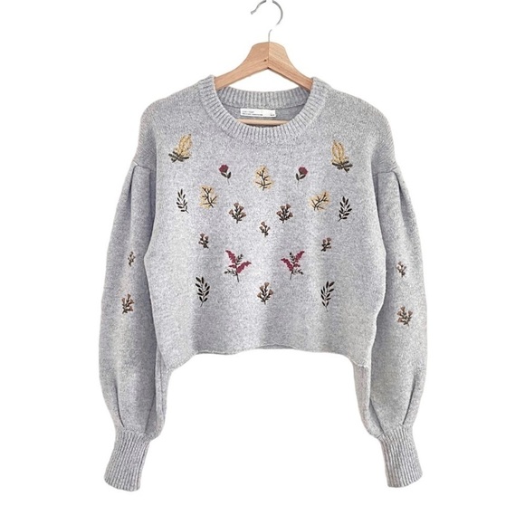 Oak + Fort Floral Embroidered Relaxed Balloon Sleeve Cropped Sweater Grey XS - Picture 1 of 13